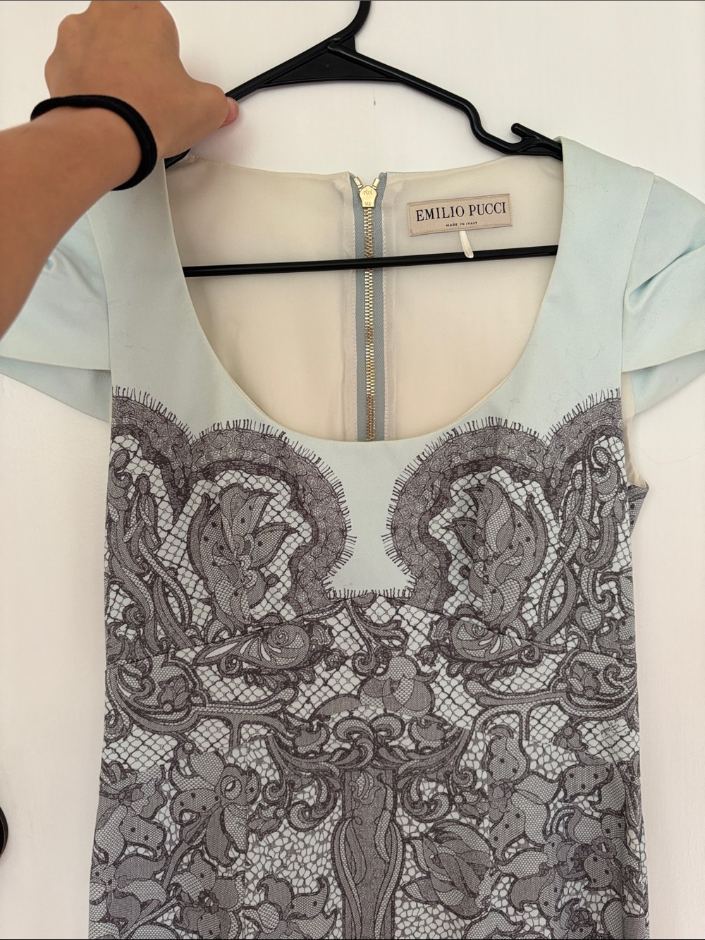 Emilio Pucci Pale Blue Scoop Neck Lace-Print Cap Sleeve Dress